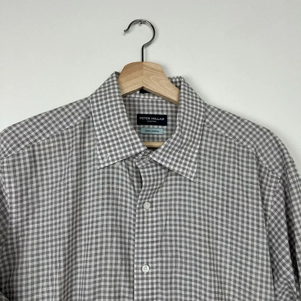 Peter Millar Collection Shirt Mens Large Gray Solid Summer Chambray‎ Button Down